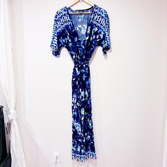 VENUS | Blue floral wrap jumpsuit | Wide leg boho style | Small * - Picture 1 of 8